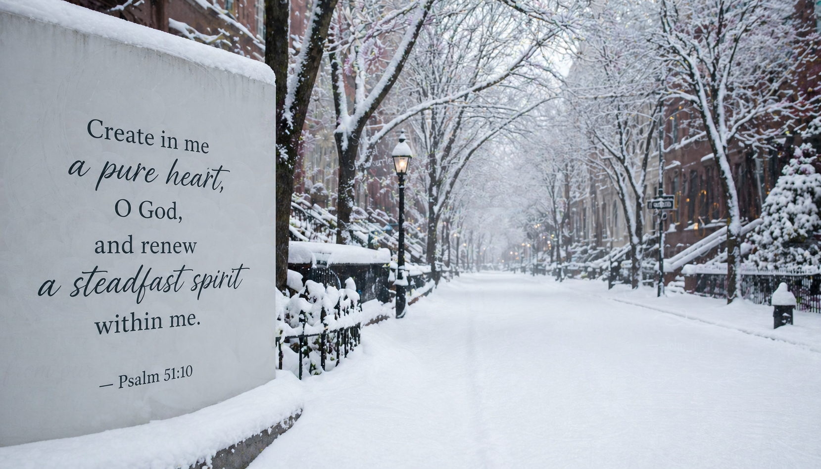 Fresh snowfall covering dirty city street, everything made clean overnight, tire tracks trash cans fire hydrants hidden under perfect white, early morning soft grey light, text Create in me a pure heart O God Psalm 51:10 -- HD wallpaper